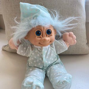 12in plush Troll Kidz doll with blue hair, in blue pajamas 1990s